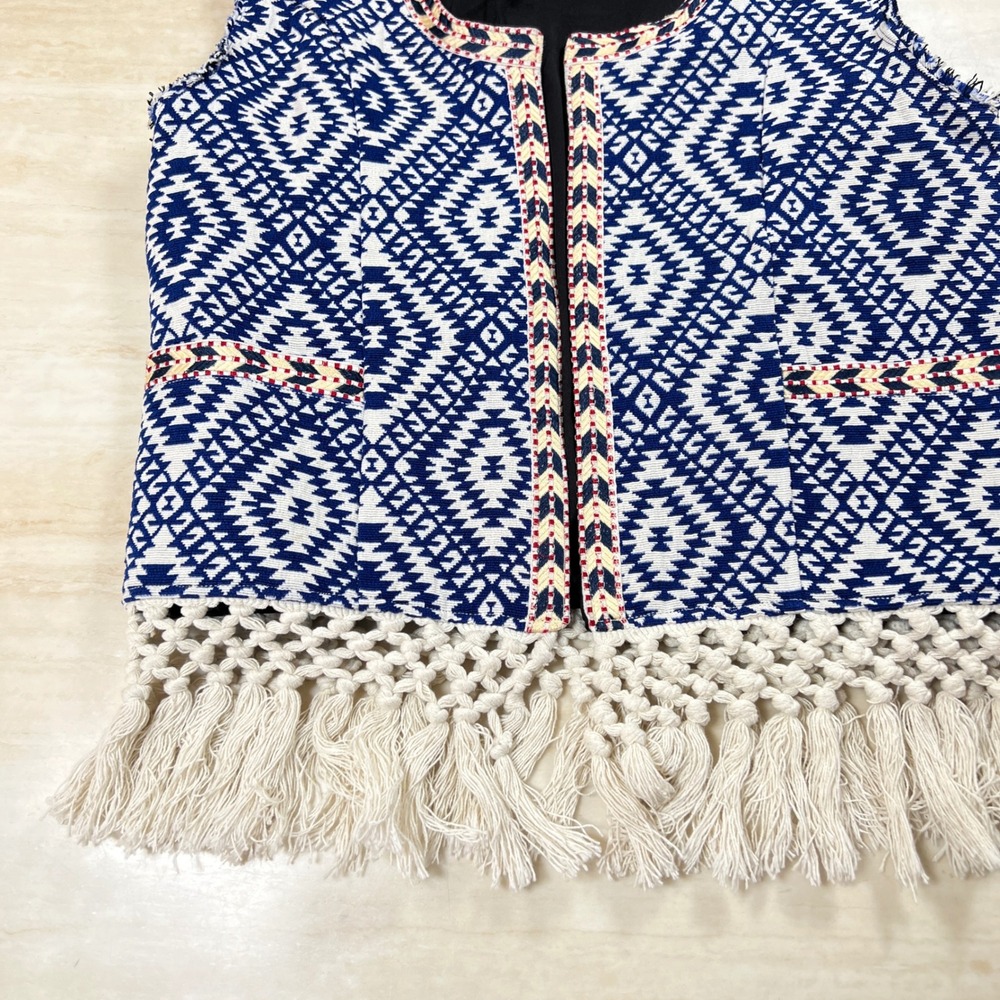 TULAROSA Blue White Geometric Boho Fringe Vest Jacket Women's Size M - Picture 10 of 12